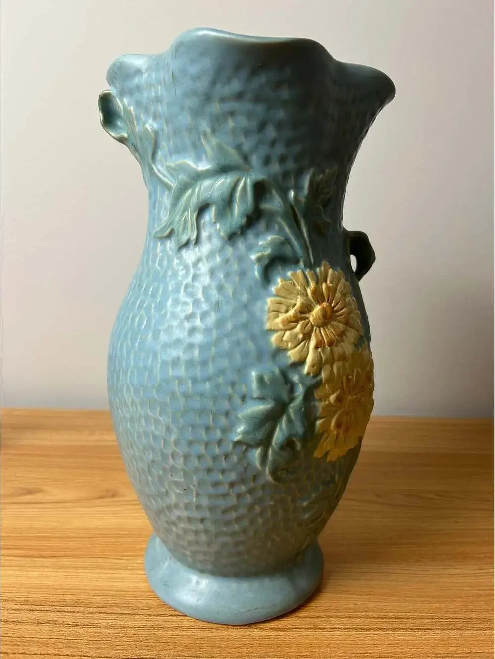 Weller Delsa Art Pottery Blue Dimpled Yellow Flower 13